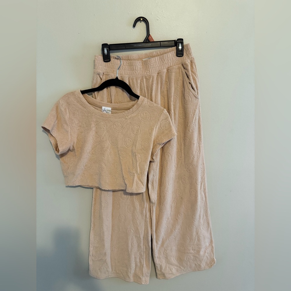 Aerie Tan Textured Crop Top and Pants Set